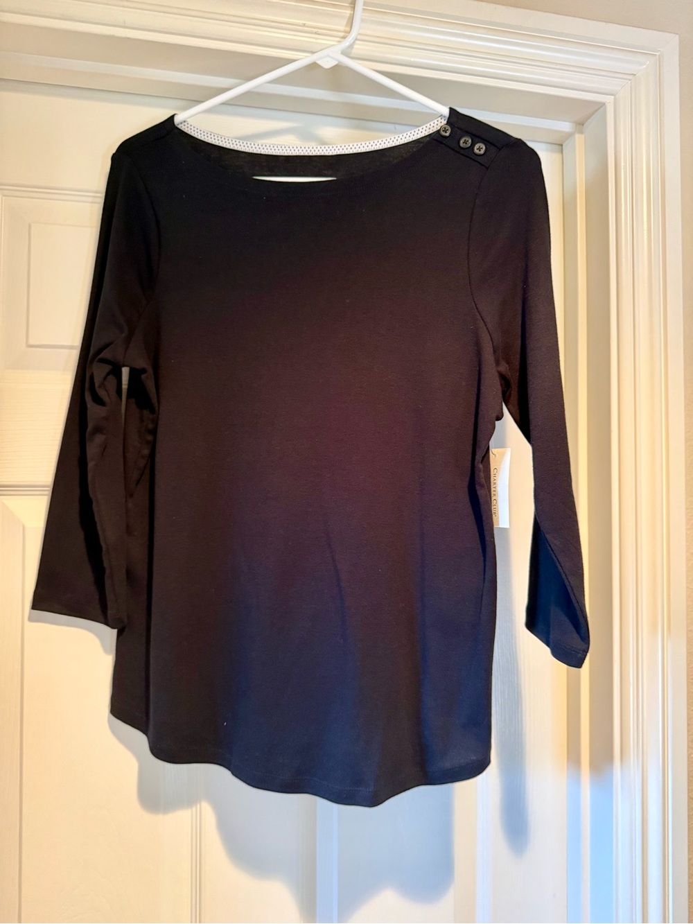 Charter Club Black Boatneck Long Sleeve Top with Shoulder Buttons